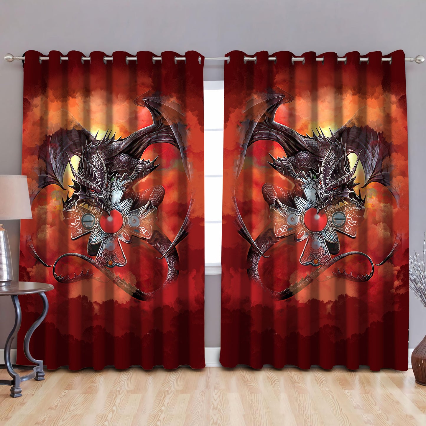 Dragon Gothic Red Art 3D Over Printed Window Curtain Set-ML