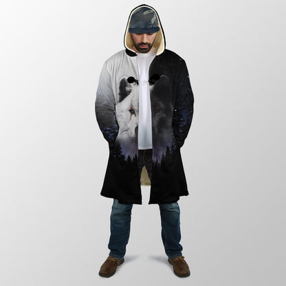 Black & White Wolf 3D Over Printed Hoodie Cloak for Men and Women-ML