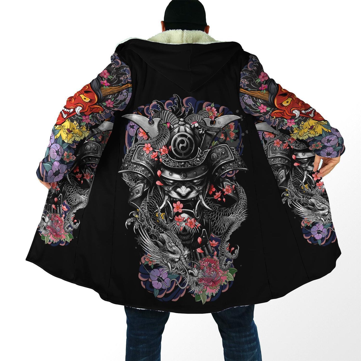 Samurai and Dragon Tattoo 3D Over Printed Cloak for Men and Women-ML