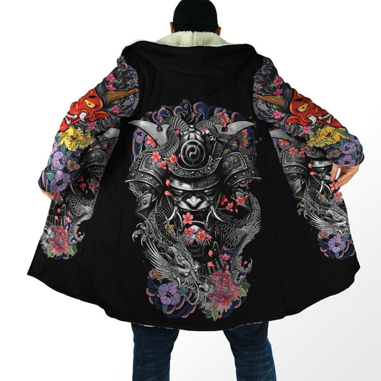 Samurai and Dragon Tattoo 3D Over Printed Cloak for Men and Women-ML