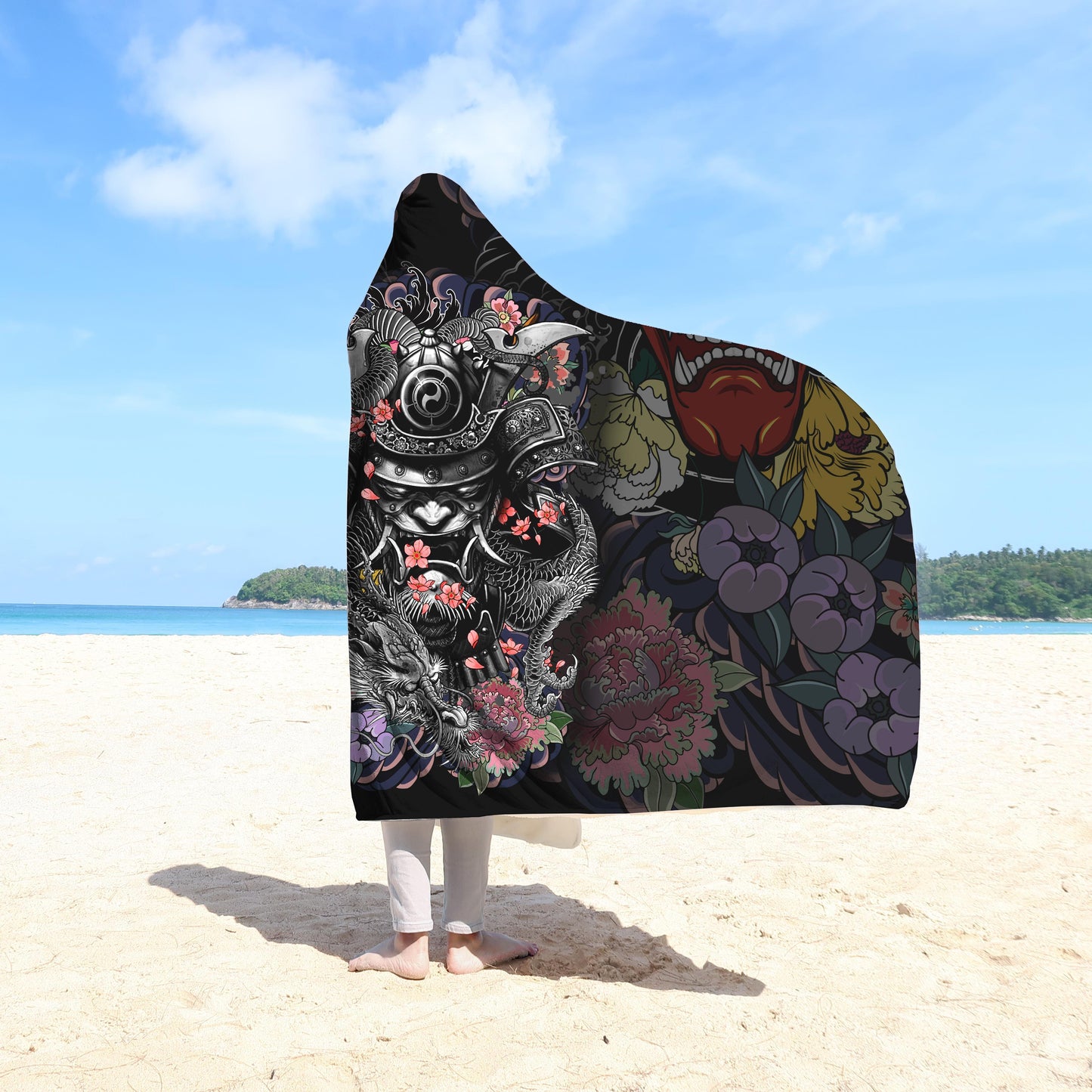 Samurai and Dragon 3D Over Printed Hooded Blanket for Men and Women-ML