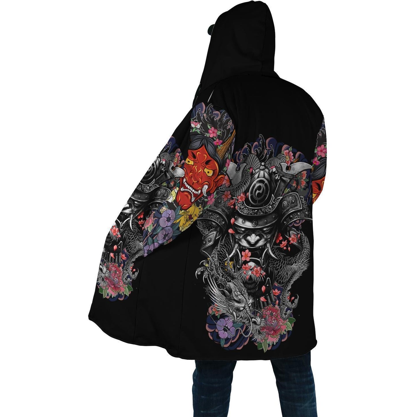 Samurai and Dragon Tattoo 3D Over Printed Cloak for Men and Women-ML