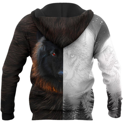 Black and White Wolf 3D Over Printed Hoodie for Men and Women-ML