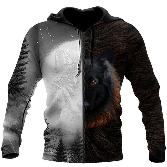 Black and White Wolf 3D Over Printed Hoodie for Men and Women-ML