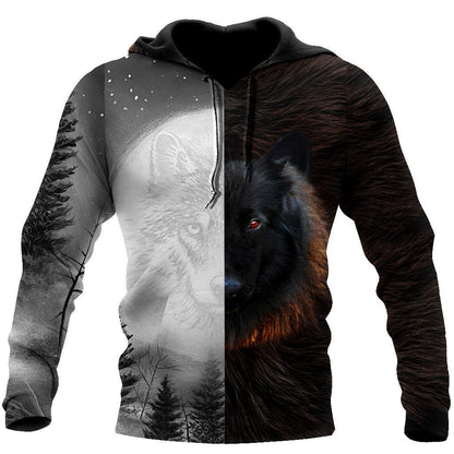 Black and White Wolf 3D Over Printed Hoodie for Men and Women-ML