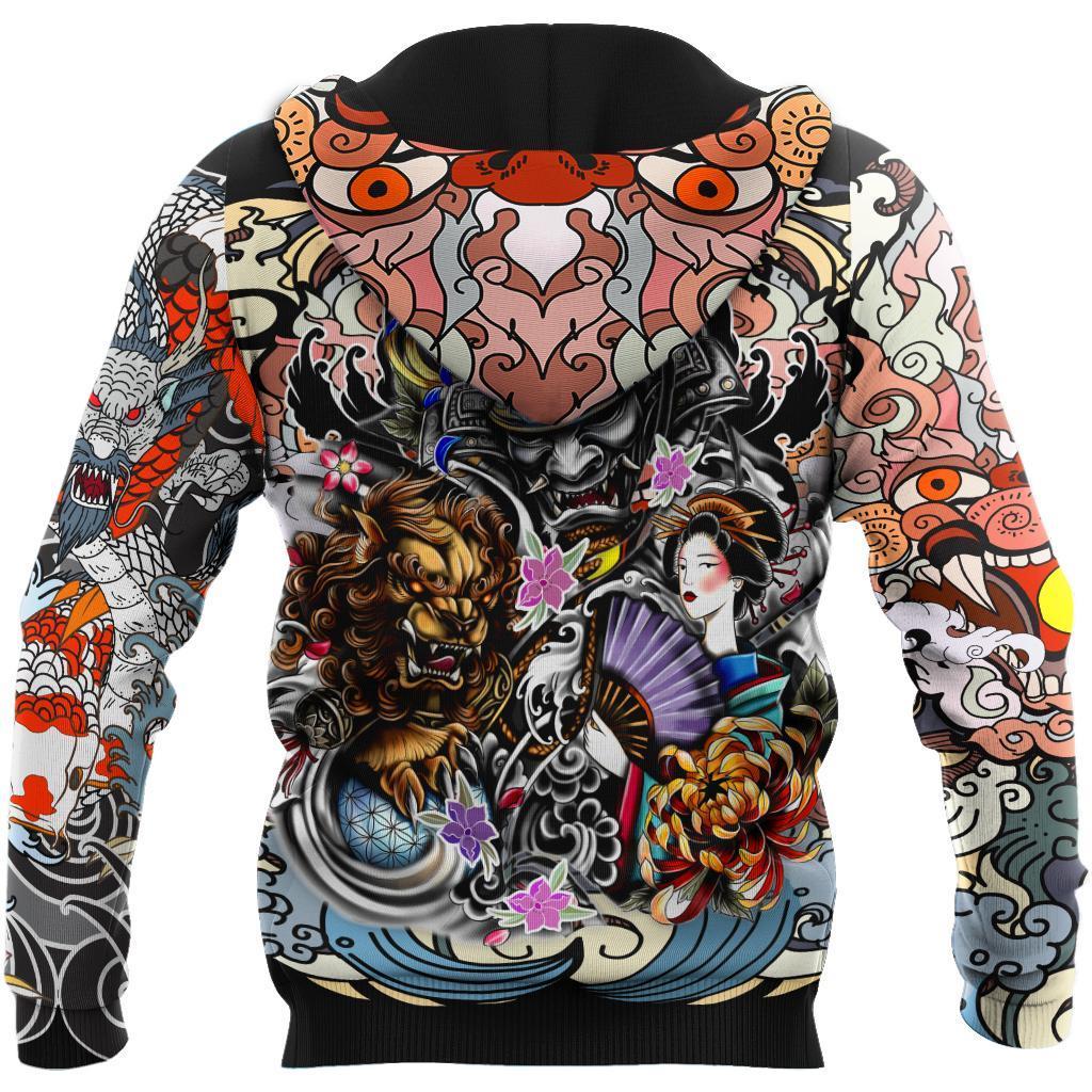 Samurai Geisha and Lion Tattoo 3D Over Printed Hoodie for Men and Women-ML