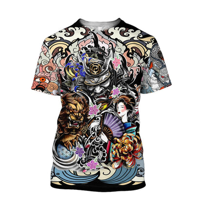 Samurai Geisha and Lion Tattoo 3D Over Printed Hoodie for Men and Women-ML