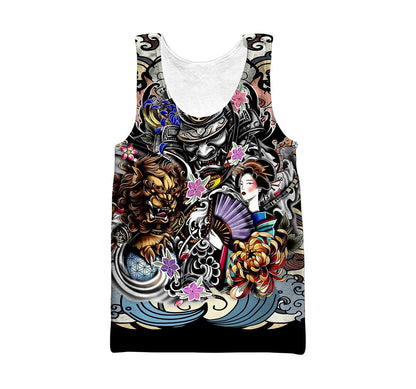 Samurai Geisha and Lion Tattoo 3D Over Printed Hoodie for Men and Women-ML