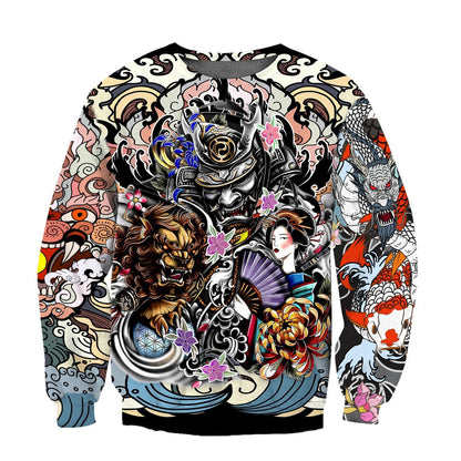 Samurai Geisha and Lion Tattoo 3D Over Printed Hoodie for Men and Women-ML
