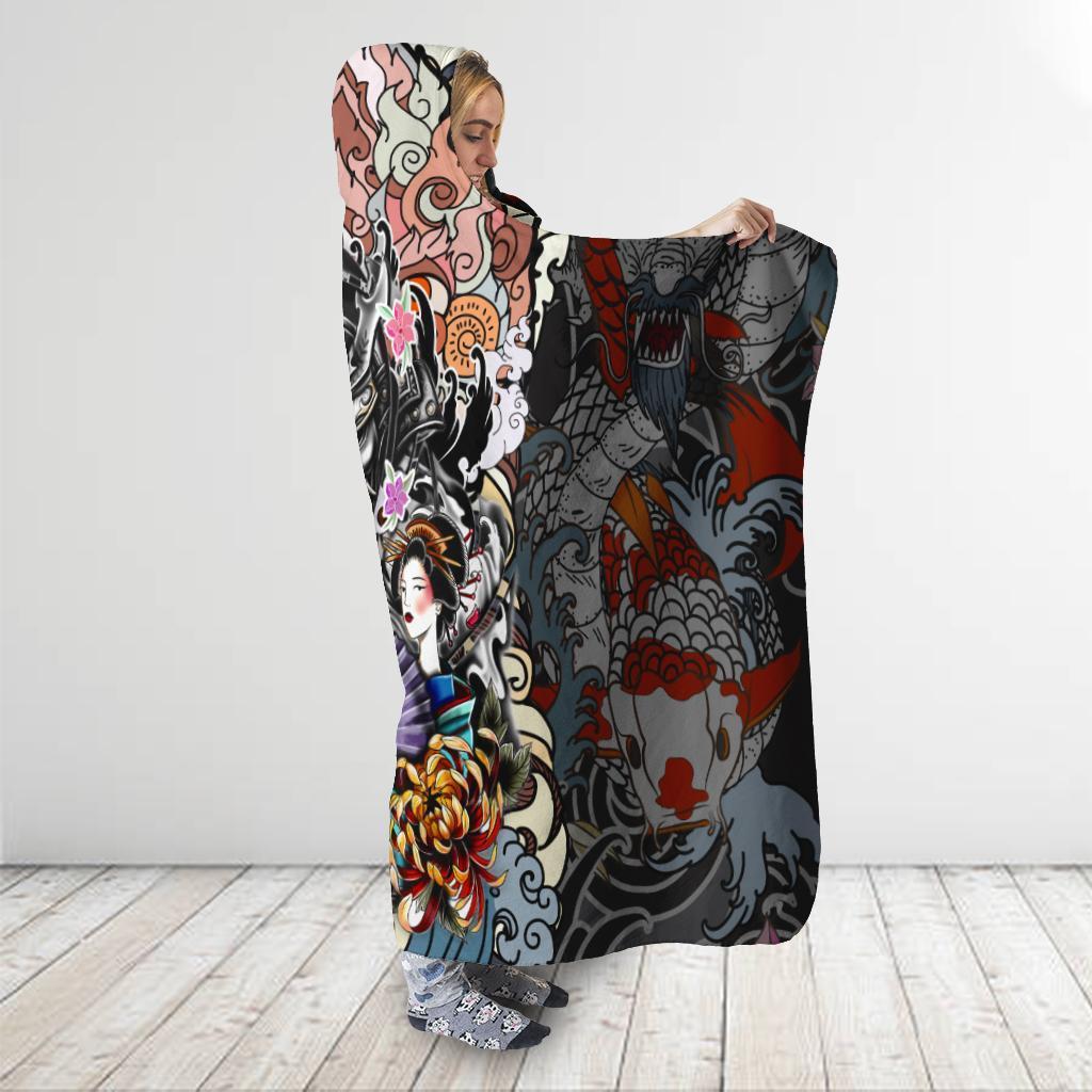 Samurai Geisha and Lion 3D Over Printed Hooded Blanket for Men and Women-ML
