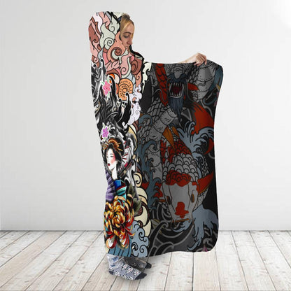 Samurai Geisha and Lion 3D Over Printed Hooded Blanket for Men and Women-ML