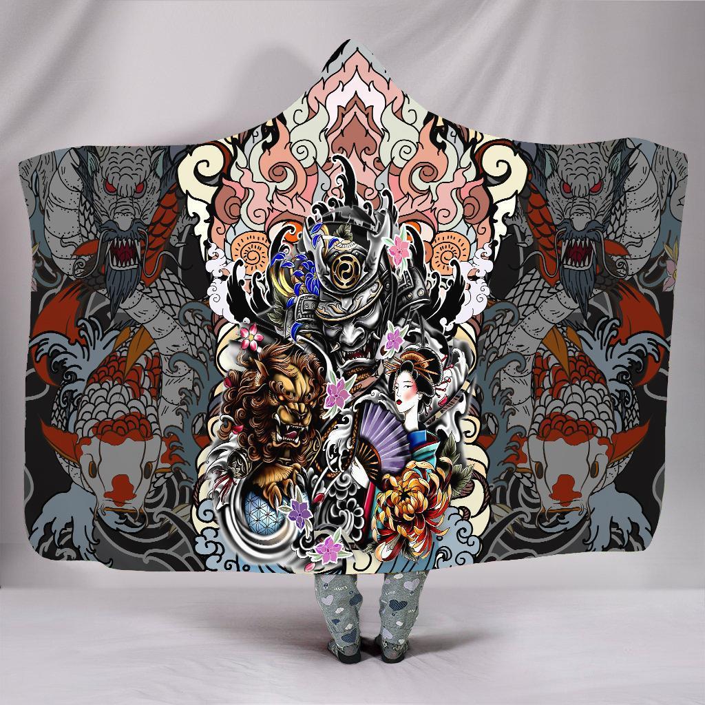 Samurai Geisha and Lion 3D Over Printed Hooded Blanket for Men and Women-ML