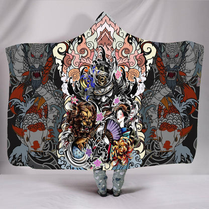 Samurai Geisha and Lion 3D Over Printed Hooded Blanket for Men and Women-ML