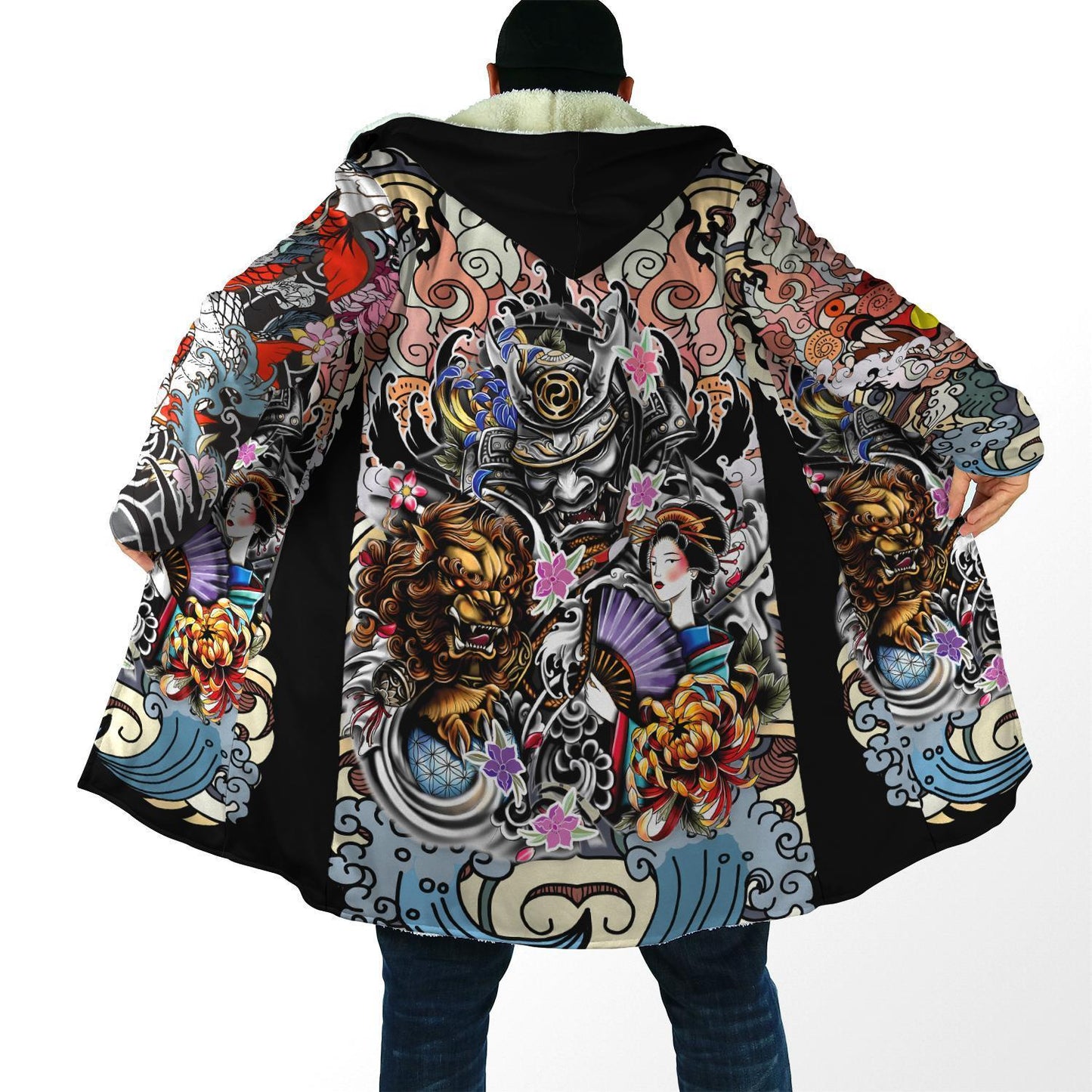 Samurai Geisha and Lion 3D Over Printed Cloak for Men and Women-ML