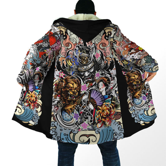 Samurai Geisha and Lion 3D Over Printed Cloak for Men and Women-ML