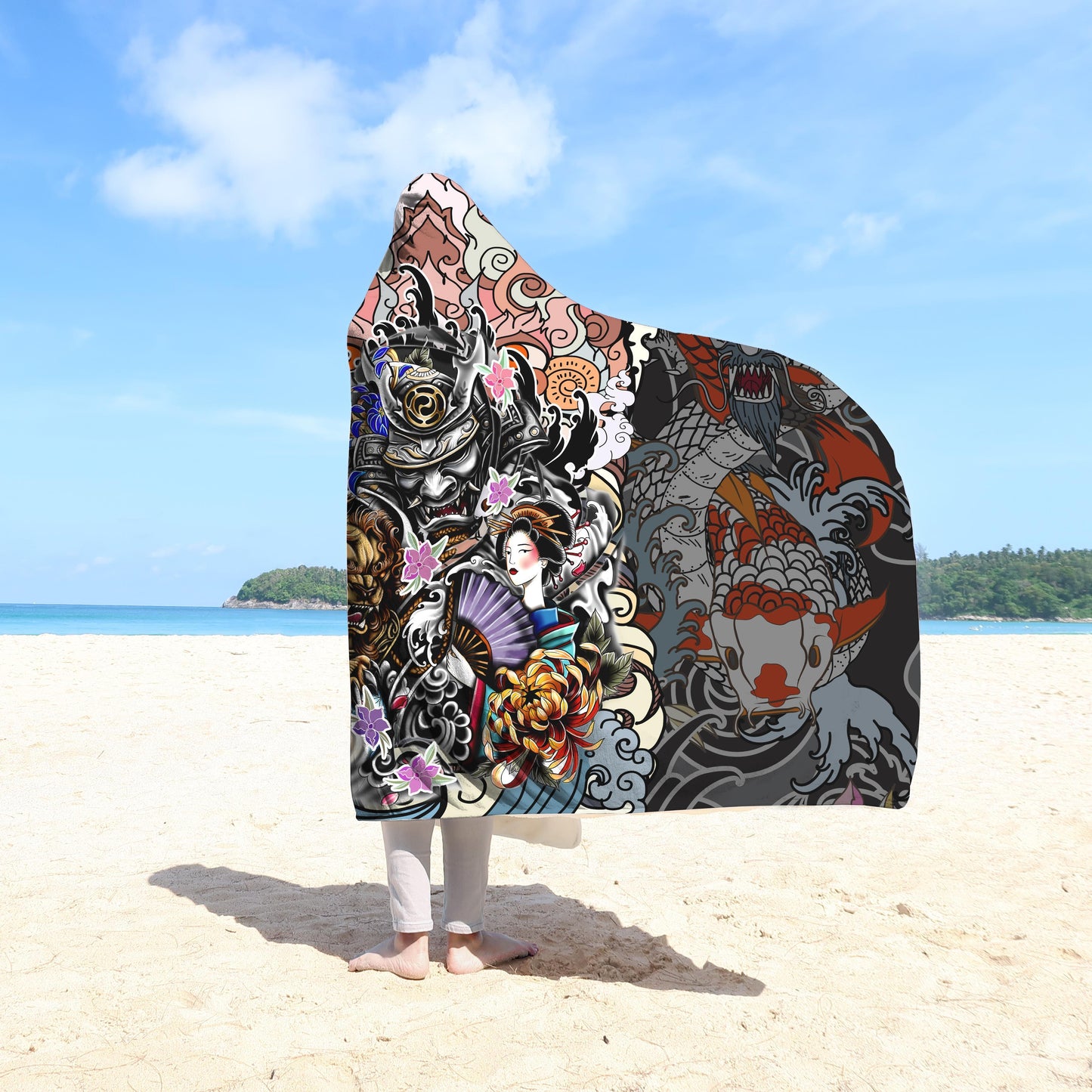 Samurai Geisha and Lion 3D Over Printed Hooded Blanket for Men and Women-ML