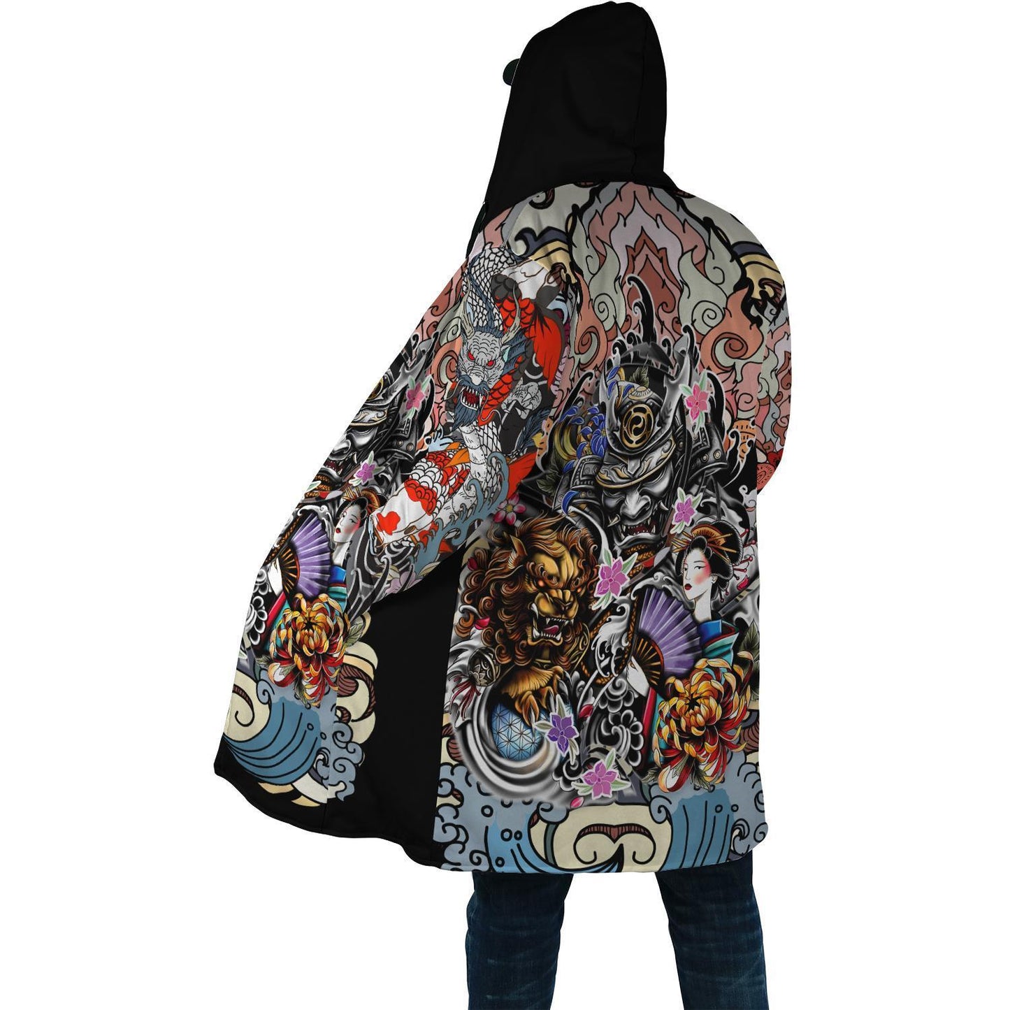 Samurai Geisha and Lion 3D Over Printed Cloak for Men and Women-ML