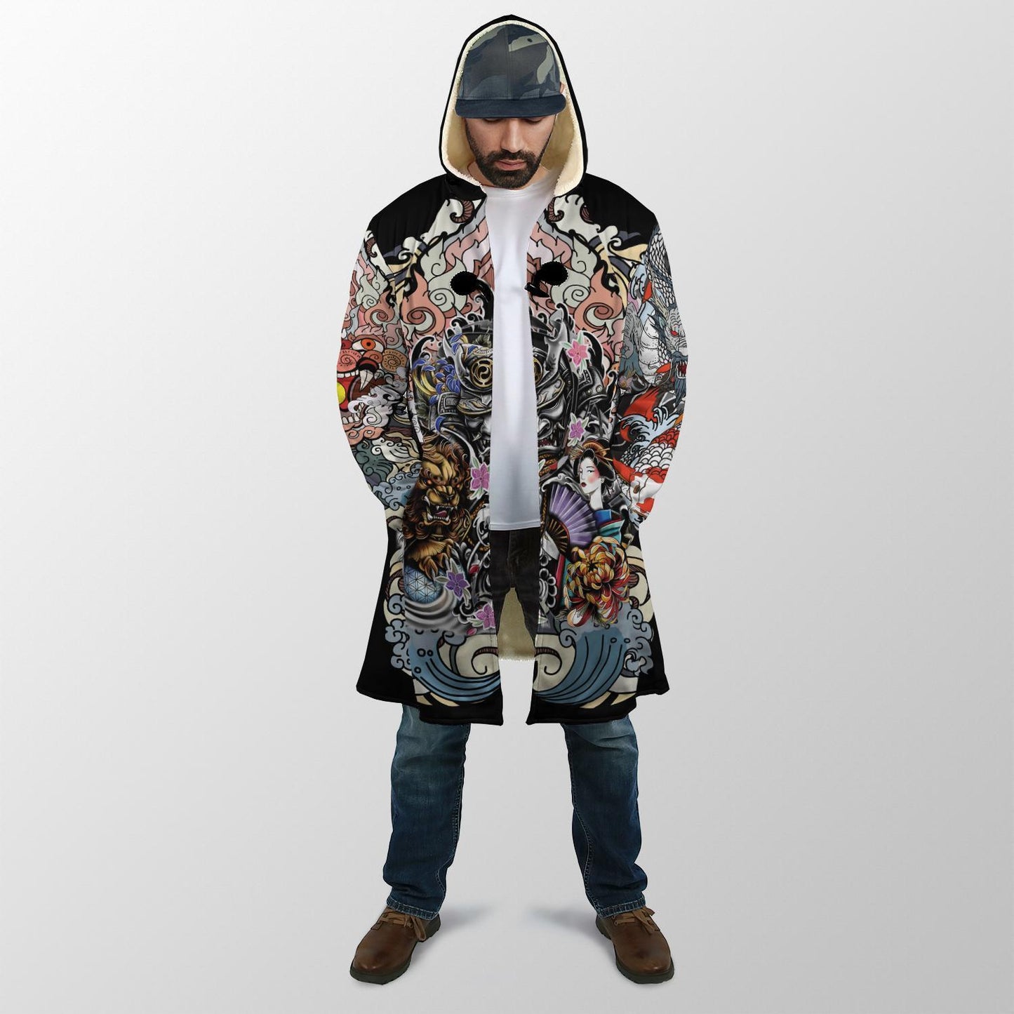 Samurai Geisha and Lion 3D Over Printed Cloak for Men and Women-ML