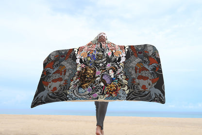 Samurai Geisha and Lion 3D Over Printed Hooded Blanket for Men and Women-ML
