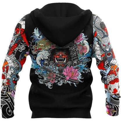 Samurai Oni Mask Tattoo 3D Over Printed Hoodie for Men and Women-ML