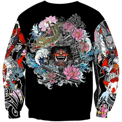 Samurai Oni Mask Tattoo 3D Over Printed Hoodie for Men and Women-ML