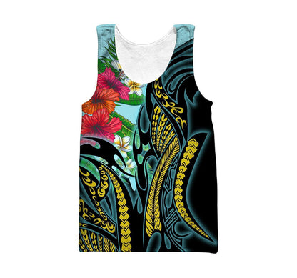 Amazing Polynesian Turquoise - Gold Tribal Pattern and Hisbiscus Plumeria Hoodie for Men and Women-ML