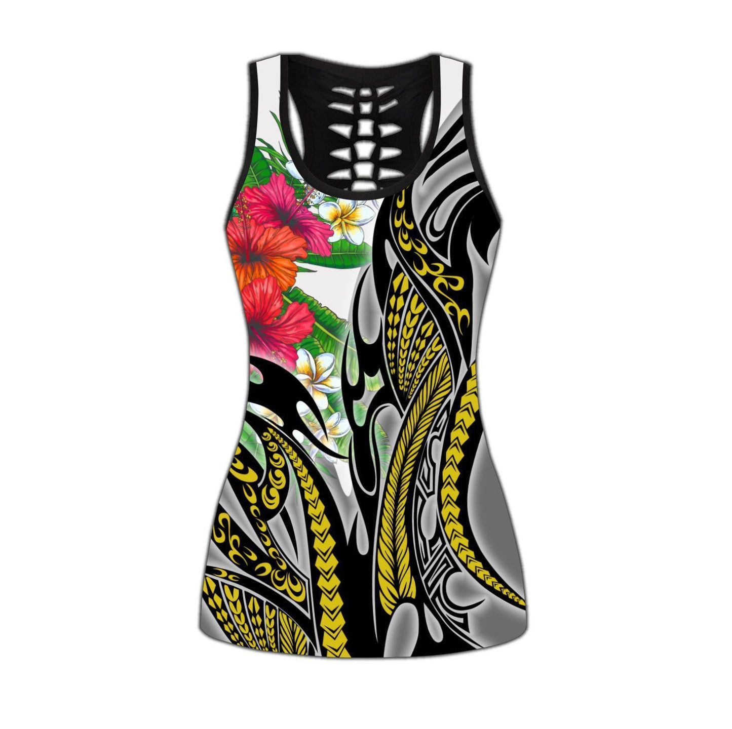 Amazing Polynesian Turquoise Gold Tribal Pattern and Hisbiscus Plumeria Legging & Tank top