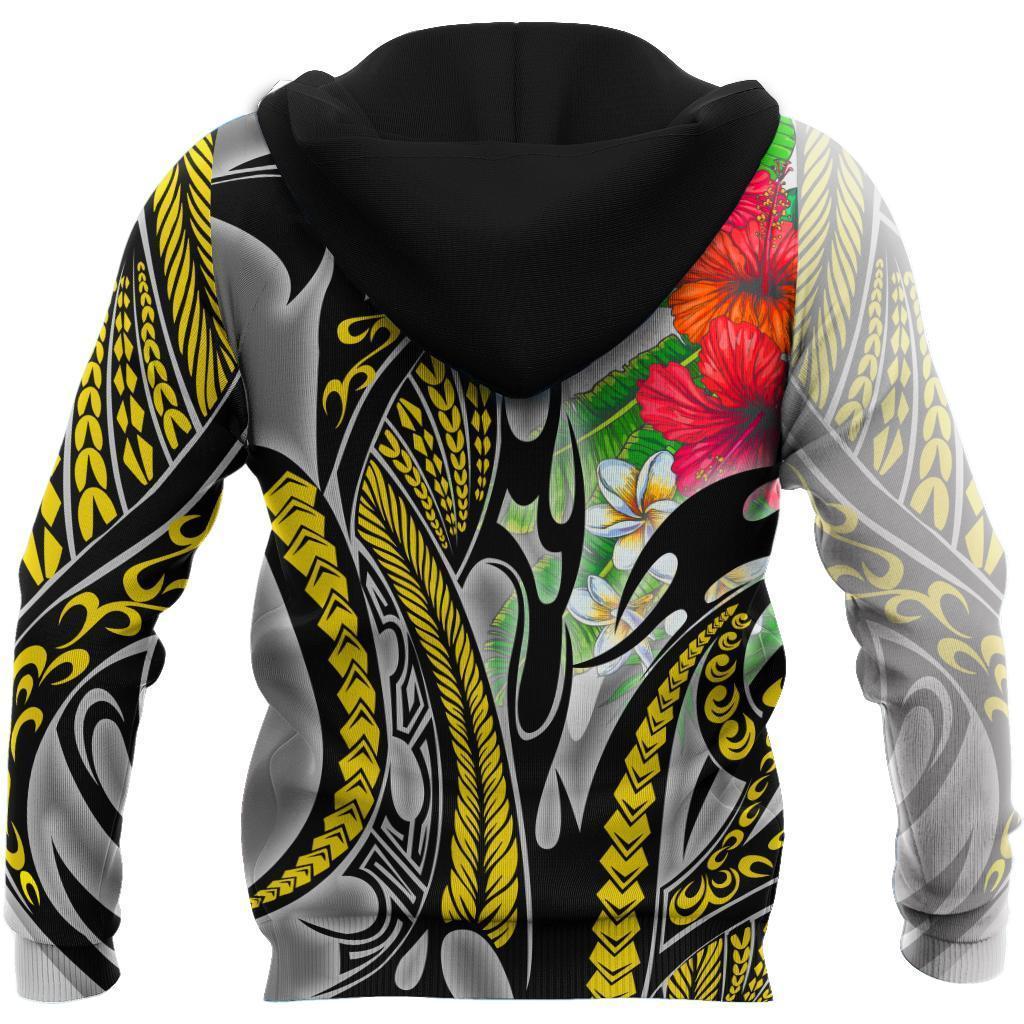 Amazing Polynesian Turquoise Gold Tribal Pattern and Hisbiscus Plumeria Hoodie for Men and Women ML