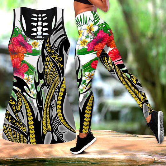 Amazing Polynesian Turquoise Gold Tribal Pattern and Hisbiscus Plumeria Legging & Tank top