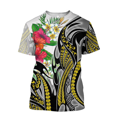 Amazing Polynesian Turquoise Gold Tribal Pattern and Hisbiscus Plumeria Hoodie for Men and Women ML