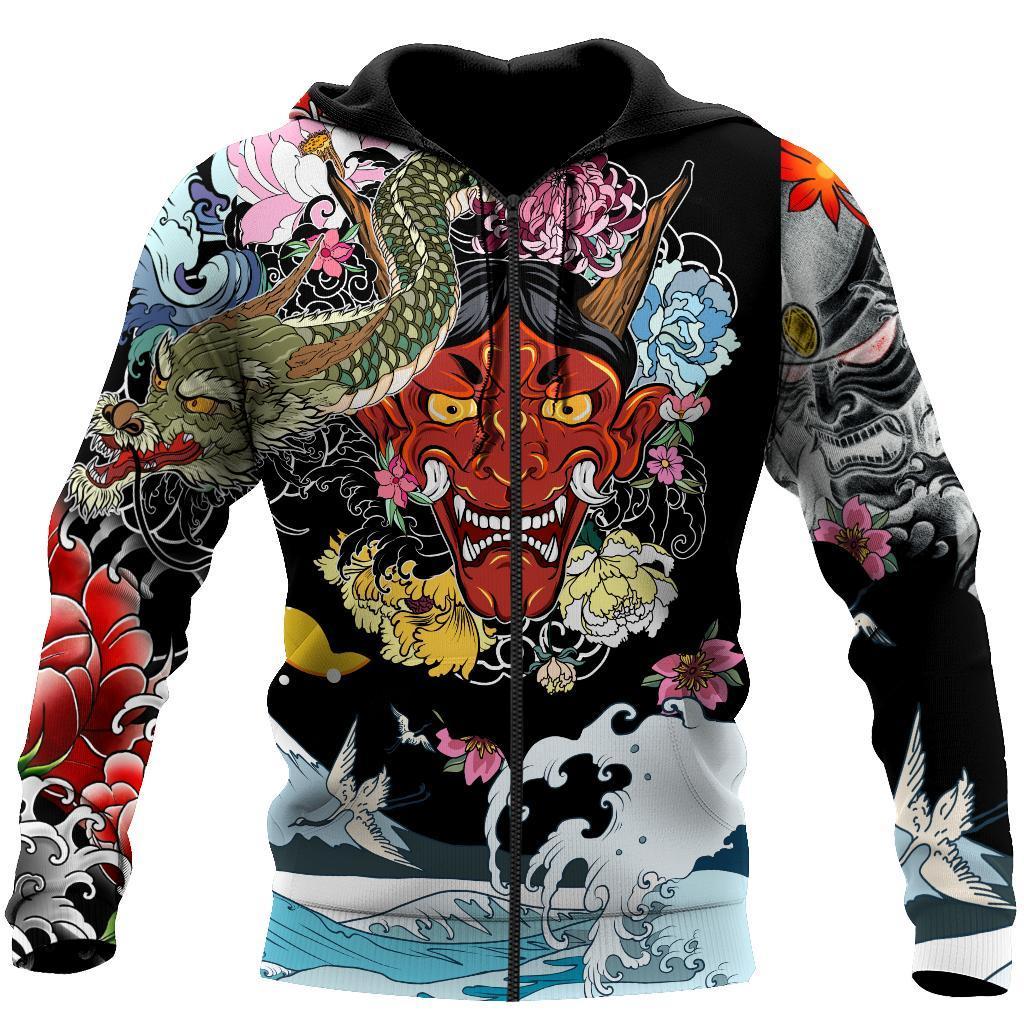 Japanese Oni Mask Tattoo 3D Over Printed Unisex Hoodie-ML