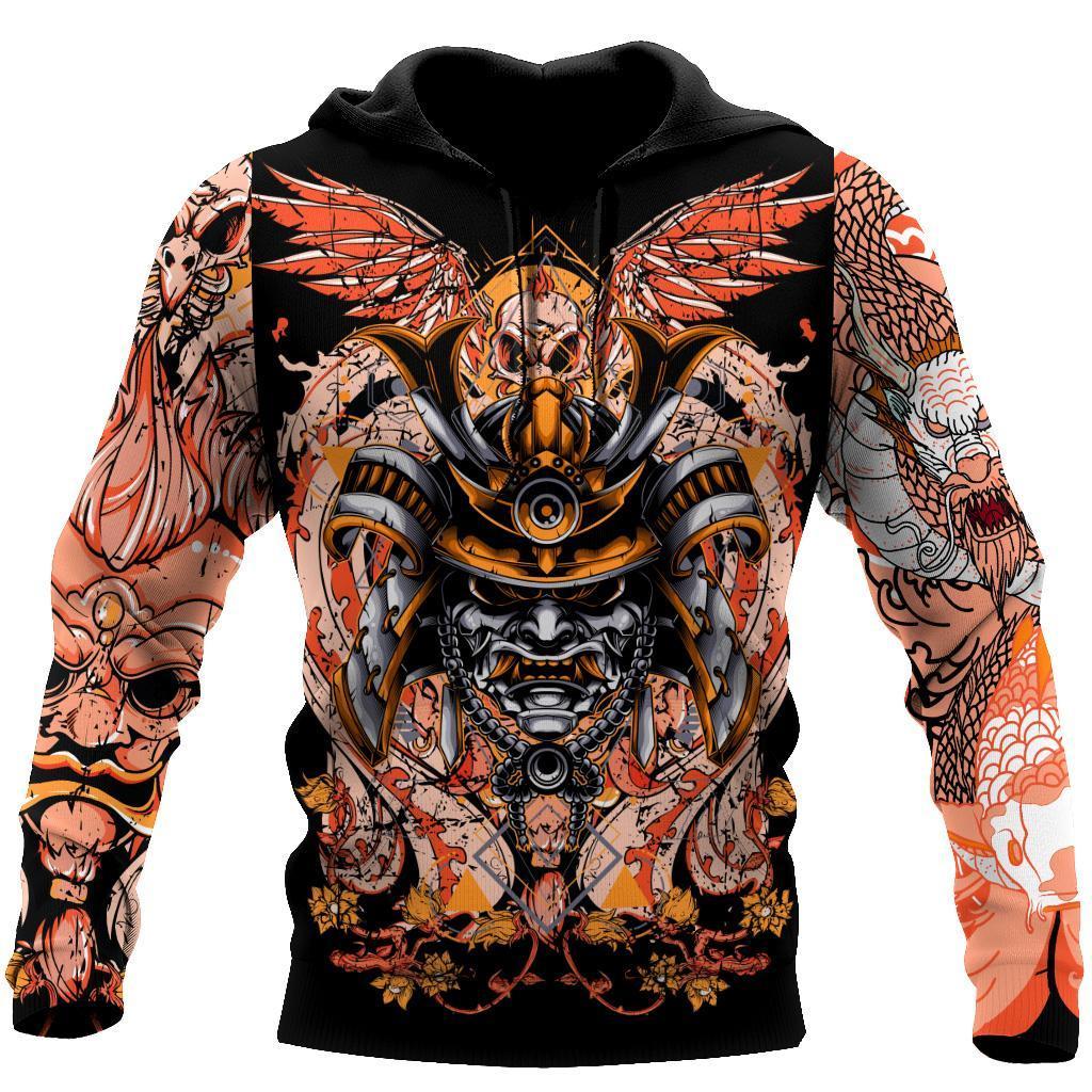 Samurai Helmet Tattoo 3D Over Printed Unisex Hoodie-ML