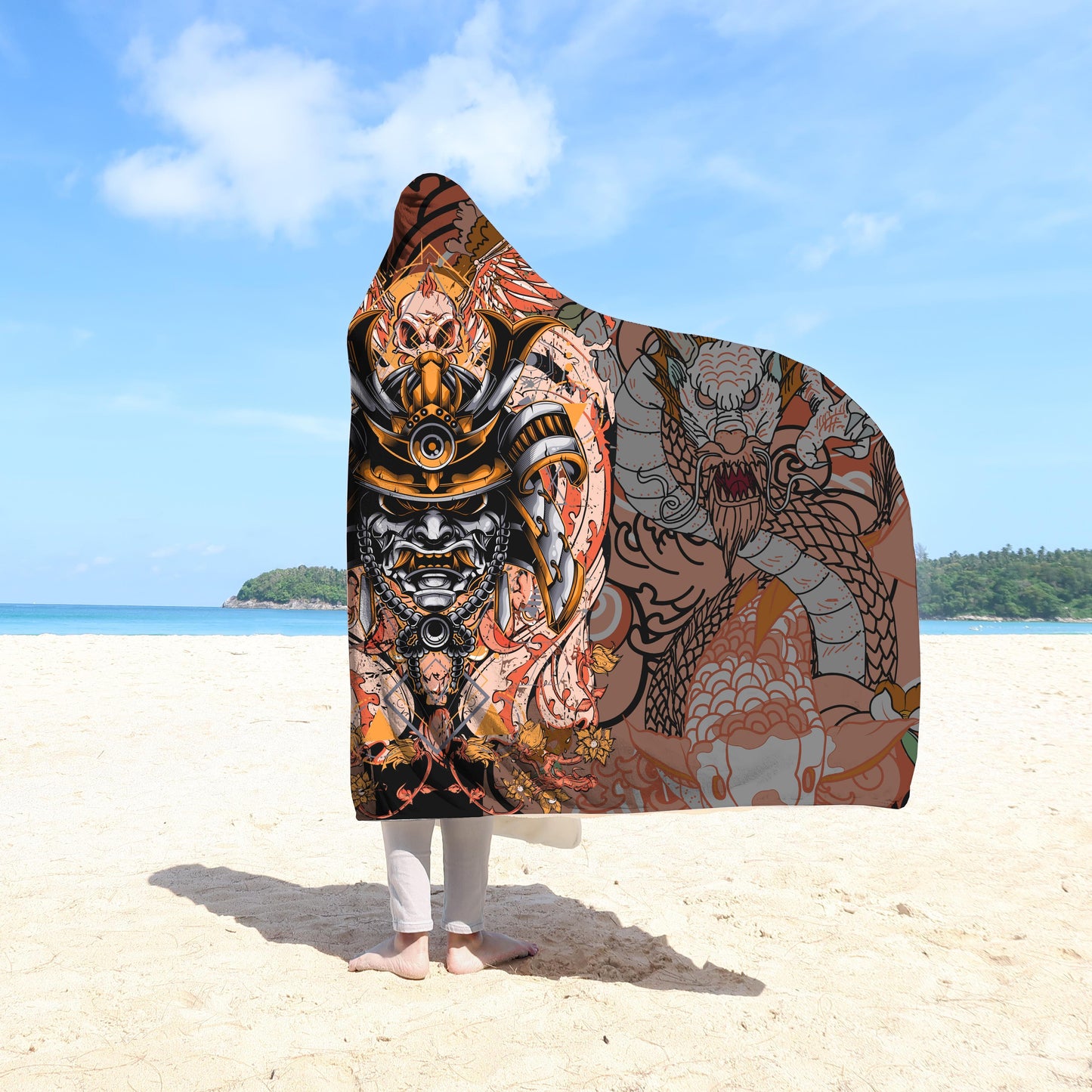 Samurai Helmet 3D Over Printed Hooded Blanket-ML