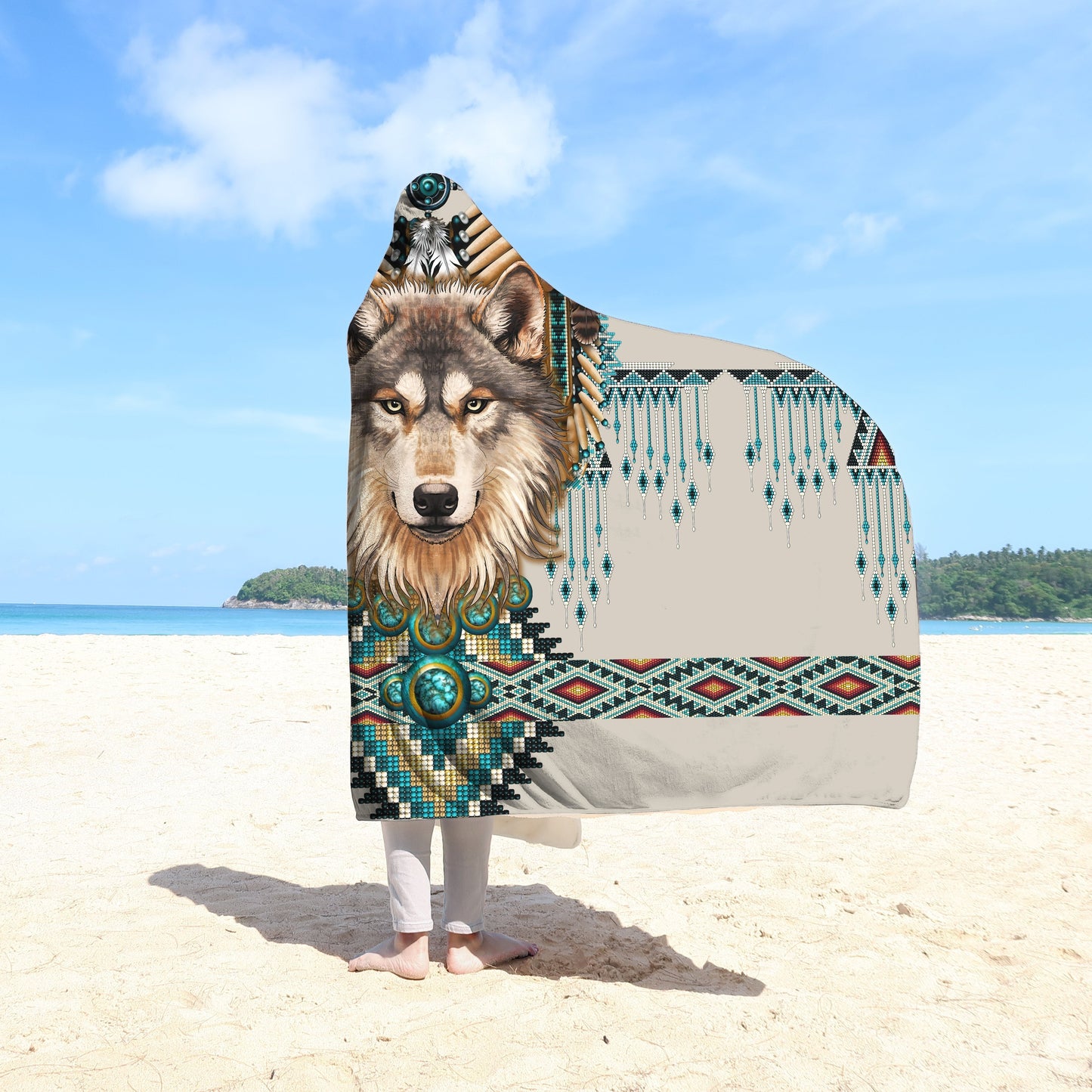 Native Spirit Wolf 3D Over Printed Hooded Blanket-ML