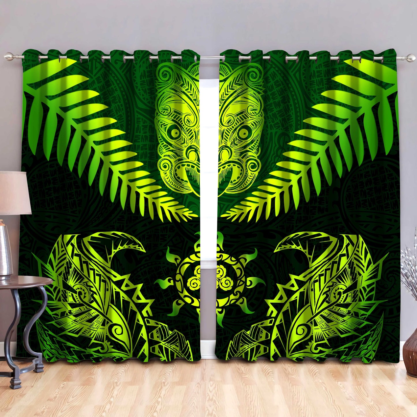 New Zealand Maori Manaia Paua Shell - Silver Fern Window Curtains ML