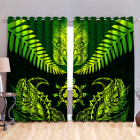 New Zealand Maori Manaia Paua Shell - Silver Fern Window Curtains ML