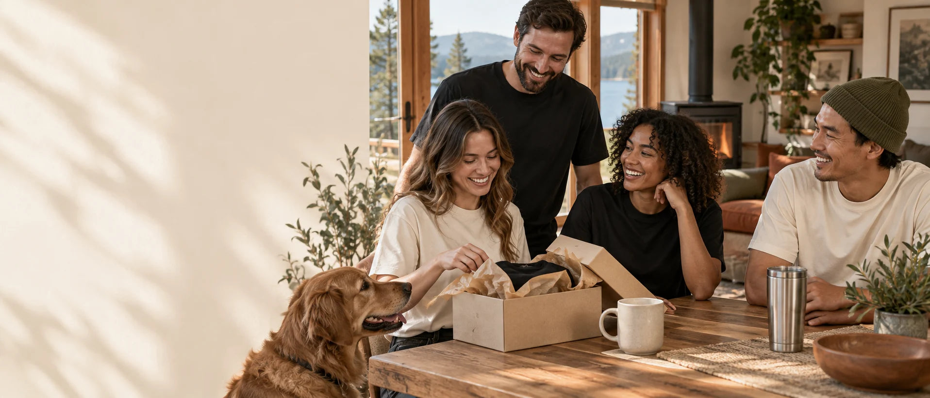 Friends sharing a gift at home with their dog